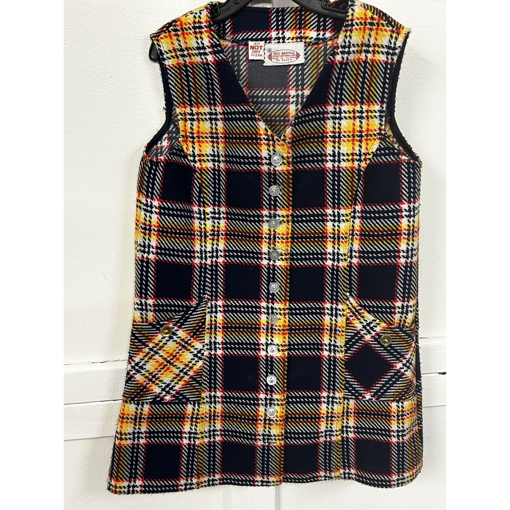 Vintage Plaid Sleeveless Girls' Dress with Pockets - Size 8 - School